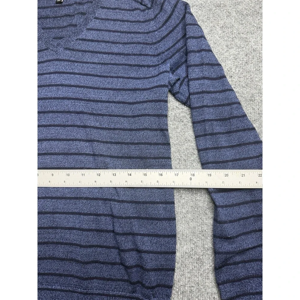 Banana Republic Sweater Men Medium Blue Merino Wool Striped V Neck Navy Baruffa
